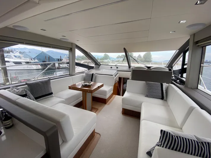 Sea Sea V Yacht Photos Pics Luxurious interior of 2020 Sunseeker Manhattan 52 yacht with elegant seating and panoramic windows.