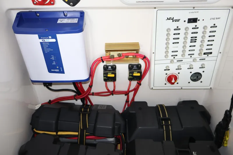  Yacht Photos Pics Electrical panel and battery setup in a 2019 SeaVee 270Z boat.