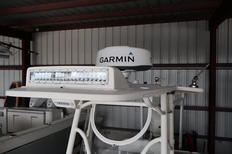  Yacht Photos Pics 2019 SeaVee 270Z boat with Garmin radar and LED light bar in storage.