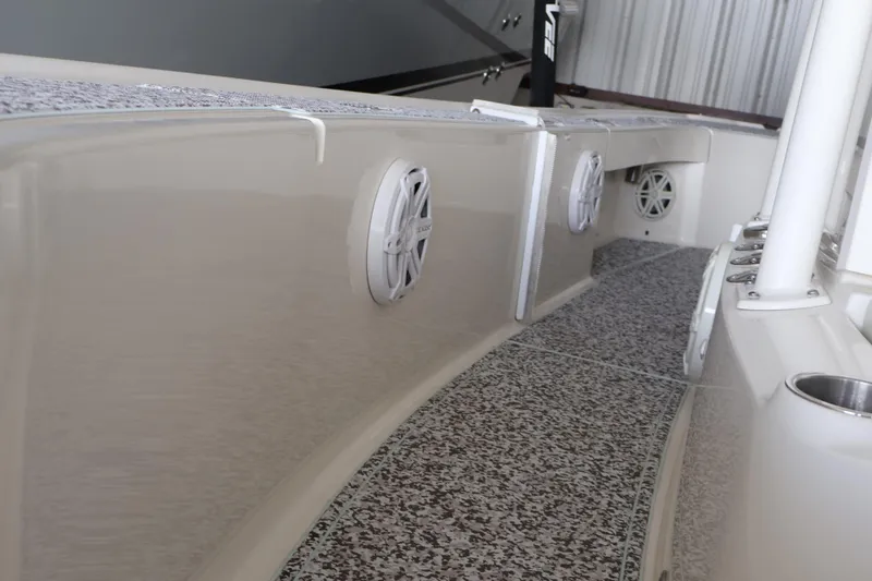  Yacht Photos Pics 2019 SeaVee 270Z boat interior with speakers and textured flooring.