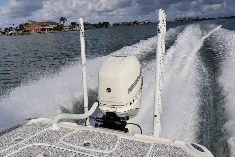  Yacht Photos Pics 2019 SeaVee 270Z boat with Mercury engine cruising on water, leaving a wake.
