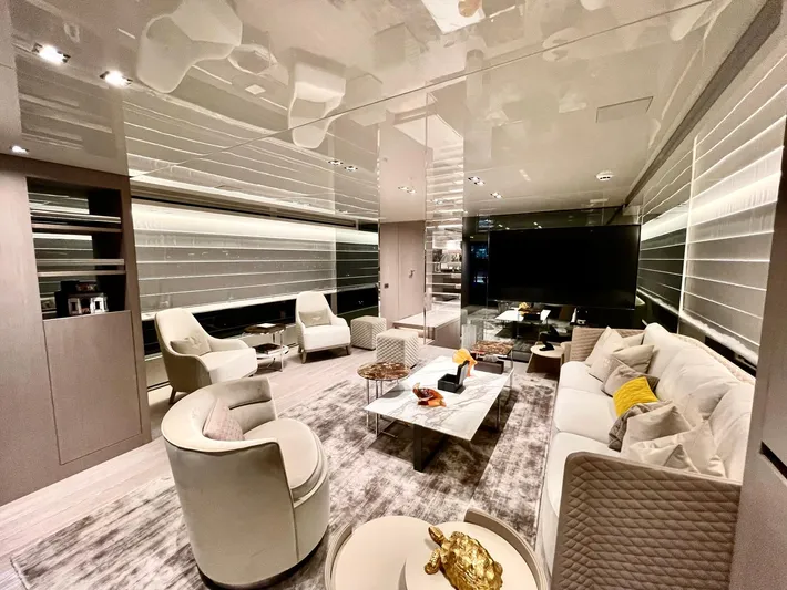  Yacht Photos Pics Luxurious interior of 2022 Sanlorenzo SX88 yacht with modern furnishings and elegant decor.