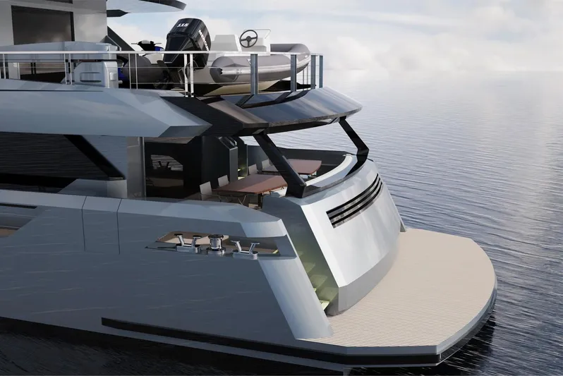 Aes Yacht Photos Pics Luxurious 2026 AES Yacht 85 on calm waters, showcasing sleek modern design.