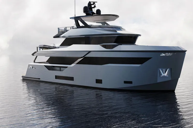 Aes Yacht Photos Pics 2026 AES Yacht 85 on calm water, showcasing sleek modern design.