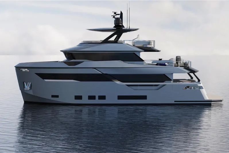 Aes Yacht Photos Pics 2026 AES Yacht 85 on calm water, showcasing sleek modern design.