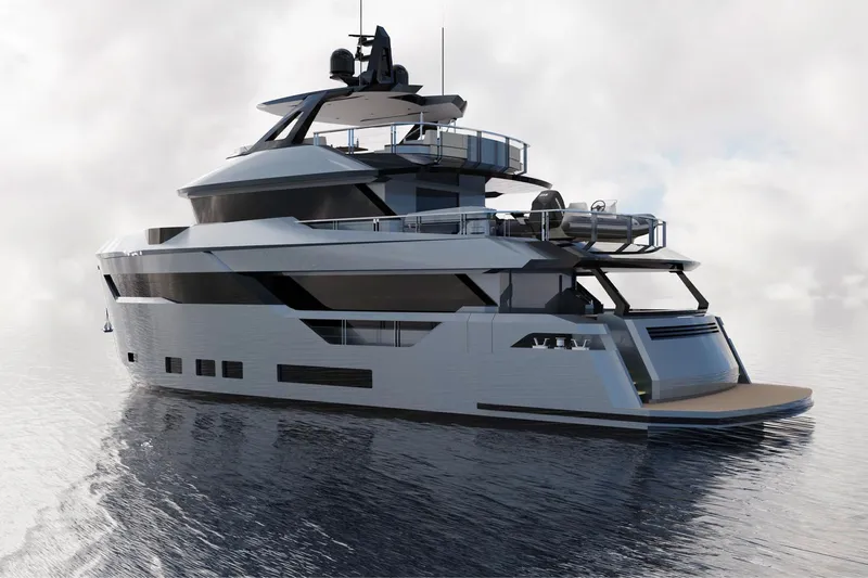 Aes Yacht Photos Pics Luxury AES Yacht 85, 2026 model, cruising on calm waters under a cloudy sky.