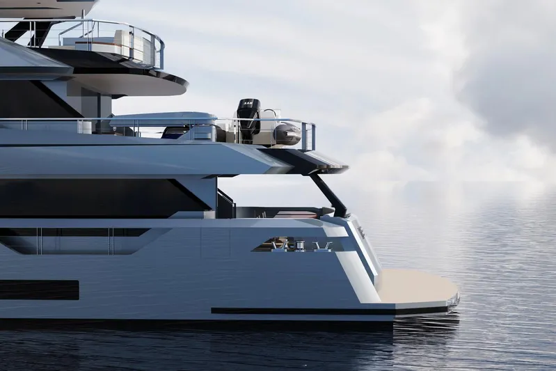 Aes Yacht Photos Pics Luxury AES Yacht 85, 2026 model, sleek design on calm ocean waters.