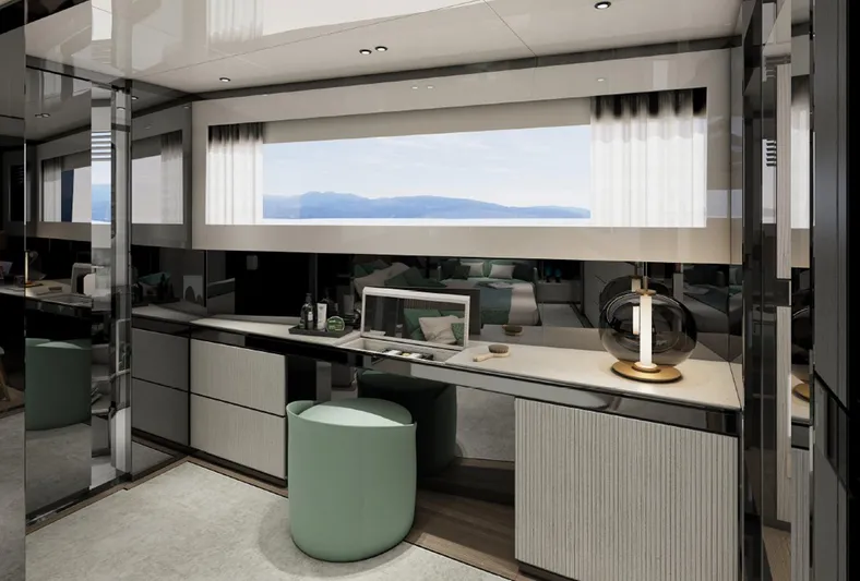 Aes Yacht Photos Pics Luxurious interior of 2026 AES Yacht 85 with modern furnishings and ocean view.