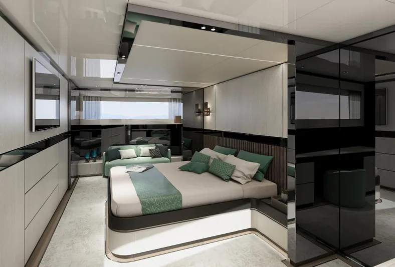 Aes Yacht Photos Pics Luxurious 2026 AES Yacht 85 interior with modern bedroom design and elegant furnishings.