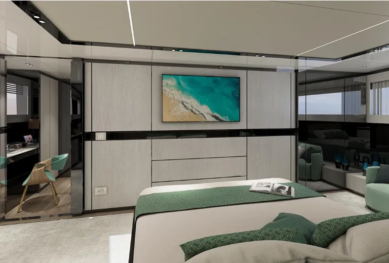 Aes Yacht Photos Pics Luxurious interior of 2026 AES Yacht 85 with modern decor and ocean view.