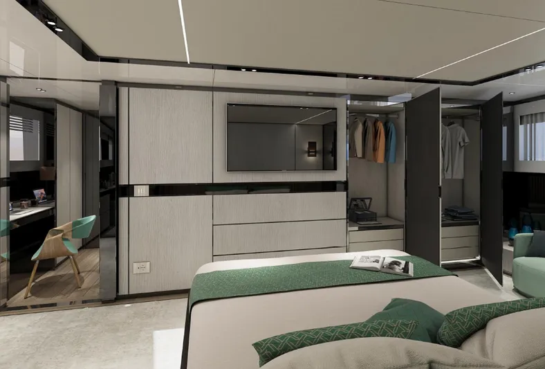 Aes Yacht Photos Pics Luxurious interior of 2026 AES Yacht 85, featuring modern bedroom and closet design.