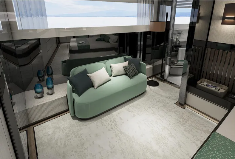 Aes Yacht Photos Pics Luxurious interior of 2026 AES Yacht 85 with modern sofa and elegant decor.