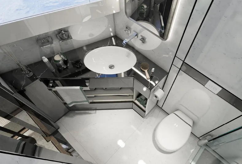 Aes Yacht Photos Pics Luxurious bathroom in 2026 AES Yacht 85, featuring modern fixtures and sleek design.