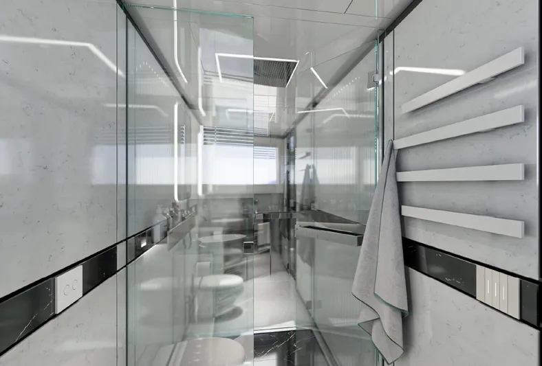 Aes Yacht Photos Pics Luxurious bathroom interior of 2026 AES Yacht 85, featuring modern glass and sleek design elements.