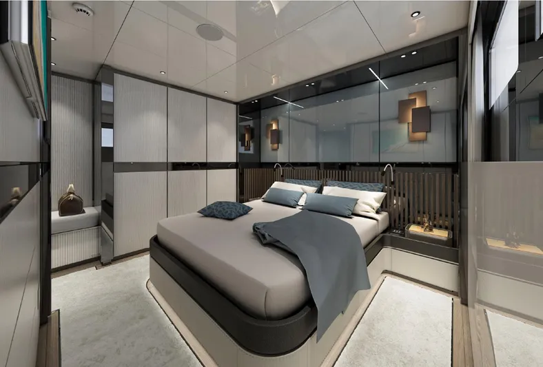 Aes Yacht Photos Pics Luxurious bedroom interior of 2026 AES Yacht 85 with modern design and ambient lighting.