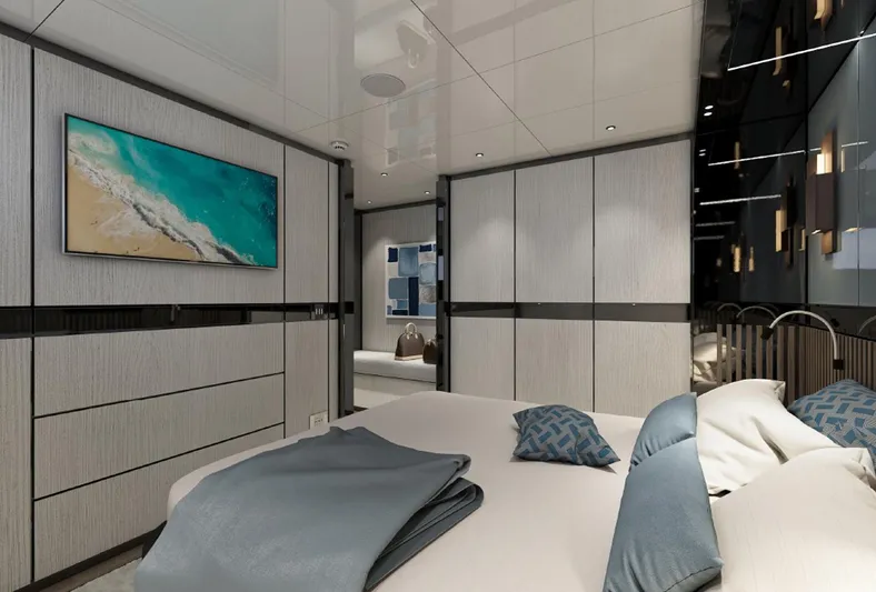 Aes Yacht Photos Pics Luxurious 2026 AES Yacht 85 bedroom with modern decor and ocean-view artwork.