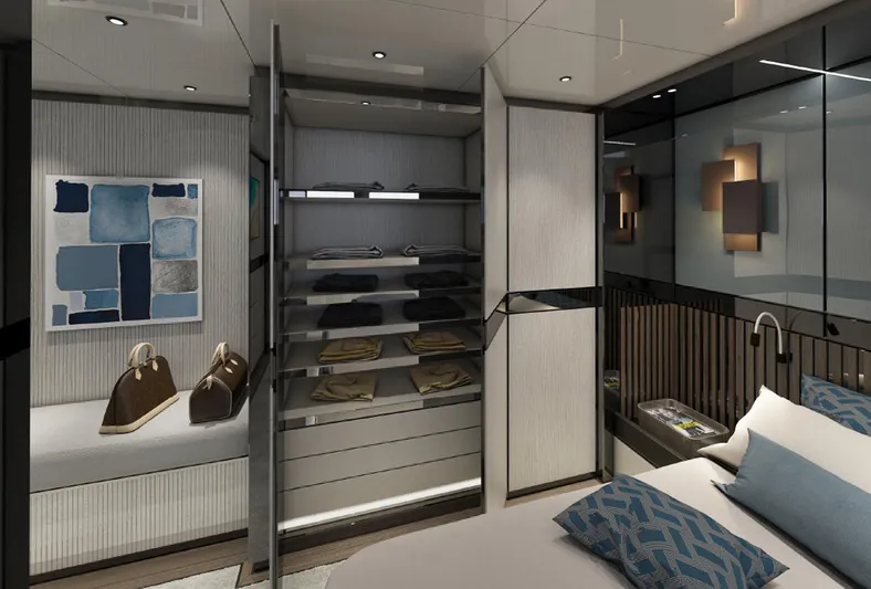 Aes Yacht Photos Pics Luxurious 2026 AES Yacht 85 interior with modern bedroom and stylish storage.