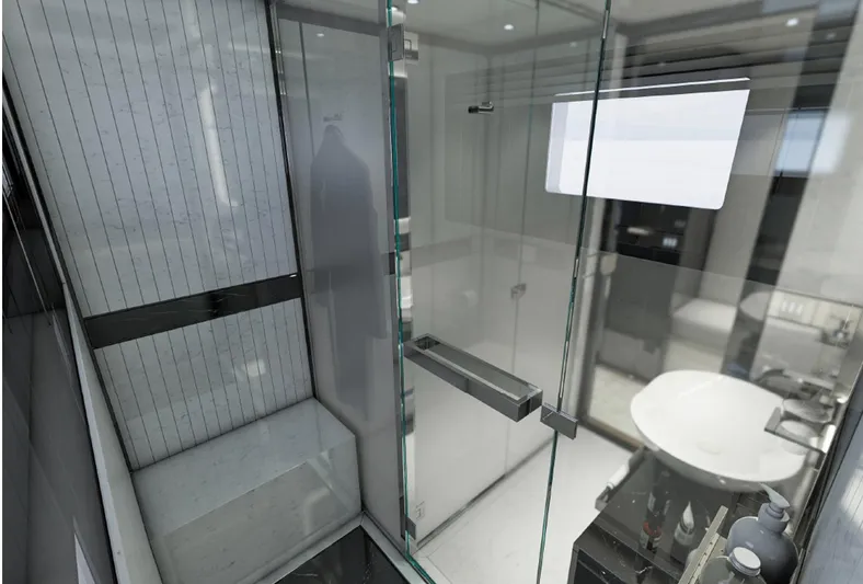 Aes Yacht Photos Pics Luxurious bathroom interior on 2026 AES Yacht 85, featuring modern glass shower and sleek design.