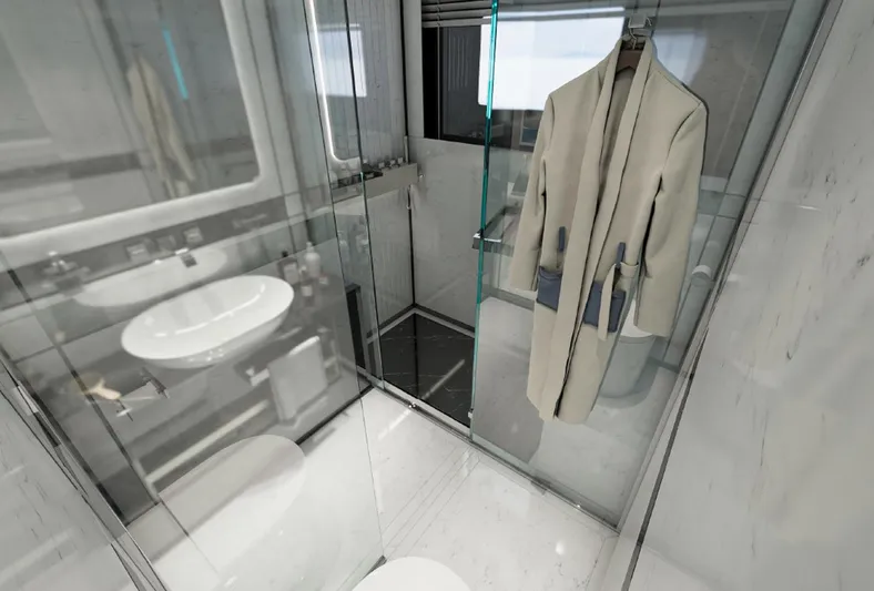 Aes Yacht Photos Pics Luxurious bathroom in 2026 AES Yacht 85, featuring modern fixtures and elegant design.