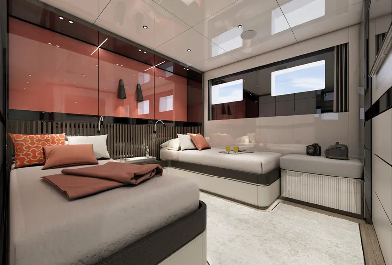 Aes Yacht Photos Pics Luxurious cabin interior of 2026 AES Yacht 85 with modern design and twin beds.