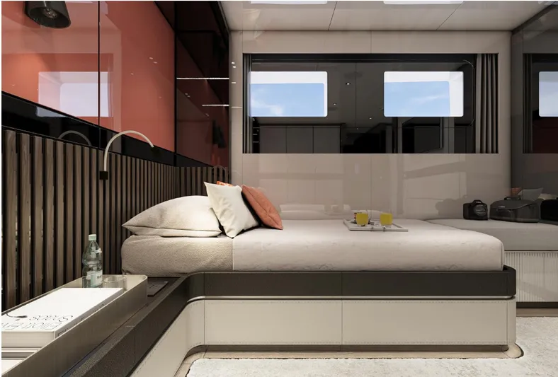 Aes Yacht Photos Pics Luxurious bedroom interior of 2026 AES Yacht 85 with modern design and large windows.