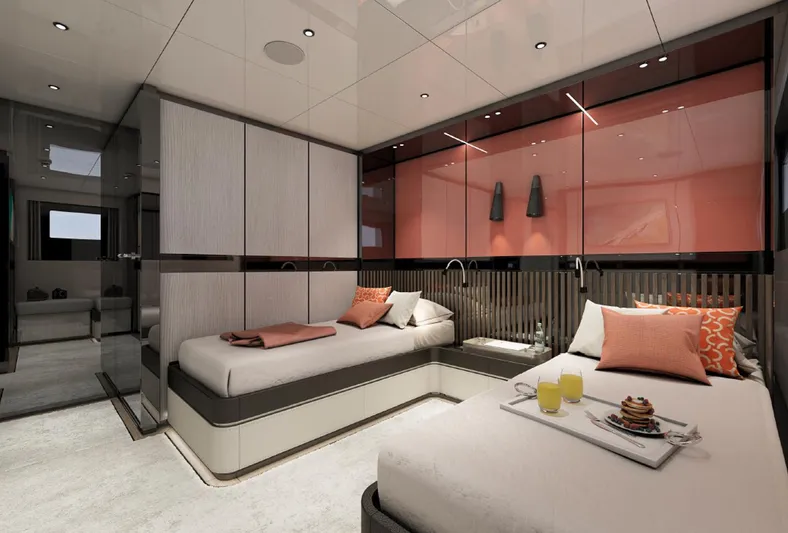 Aes Yacht Photos Pics Luxurious AES Yacht 85 cabin interior, 2026 model, featuring modern twin beds and elegant decor.