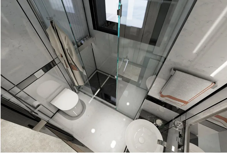 Aes Yacht Photos Pics Luxurious bathroom in 2026 AES Yacht 85, featuring modern fixtures and elegant design.