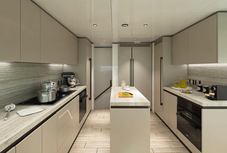 Aes Yacht Photos Pics Modern kitchen interior on 2026 AES Yacht 85, featuring sleek cabinetry and appliances.