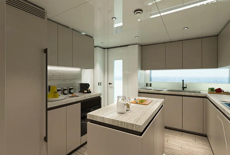 Aes Yacht Photos Pics Modern kitchen interior on 2026 AES Yacht 85, featuring sleek cabinetry and island.