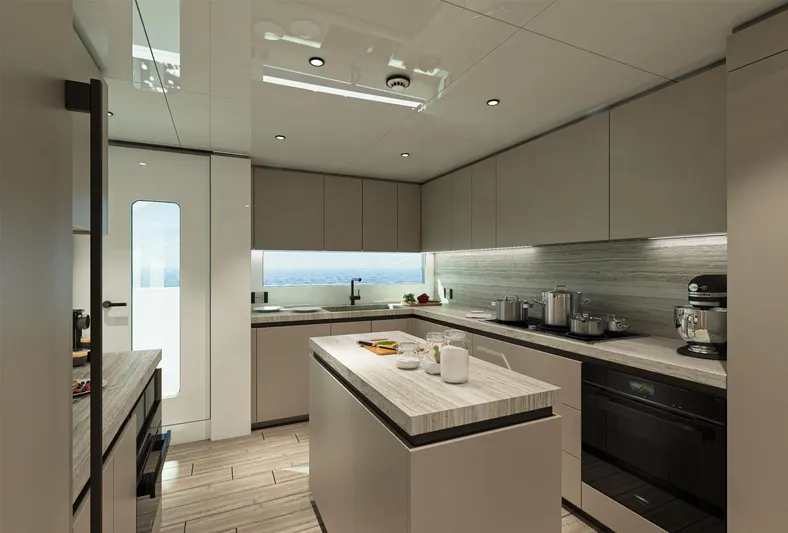 Aes Yacht Photos Pics Modern kitchen interior on 2026 AES Yacht 85, featuring sleek design and ocean view.
