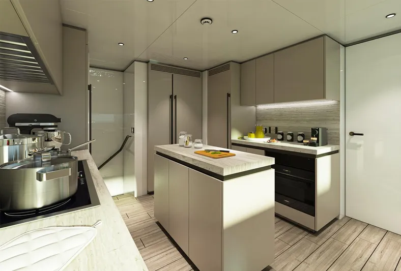 Aes Yacht Photos Pics Modern kitchen interior on 2026 AES Yacht 85, featuring sleek cabinetry and stainless steel appliances.