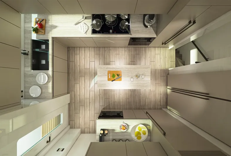 Aes Yacht Photos Pics Modern kitchen interior on 2026 AES Yacht 85, featuring sleek design and efficient layout.