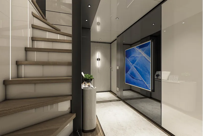 Aes Yacht Photos Pics Luxurious interior of 2026 AES Yacht 85 with modern staircase and elegant decor.
