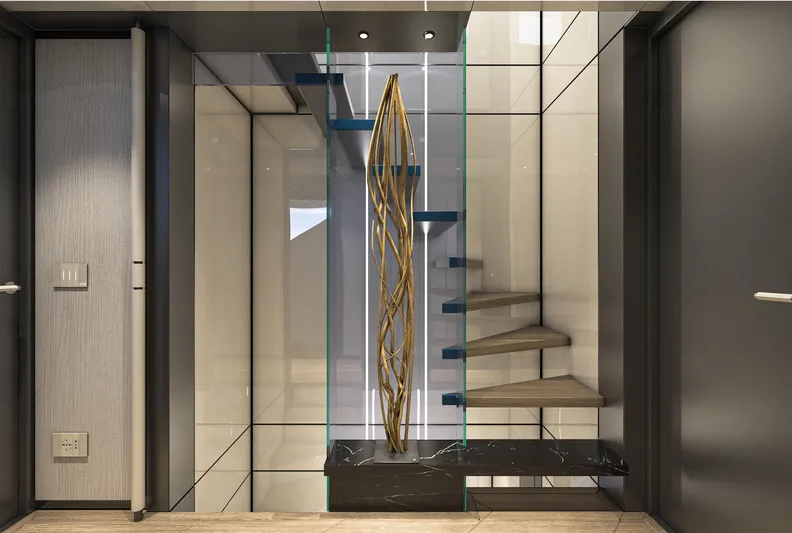 Aes Yacht Photos Pics Modern interior of AES Yacht 85, 2026 model, featuring sleek staircase and elegant design elements.