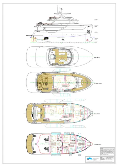 Aes Yacht Photos Pics Blueprint of 2026 AES Yacht 85, showcasing detailed deck layouts and side profile.