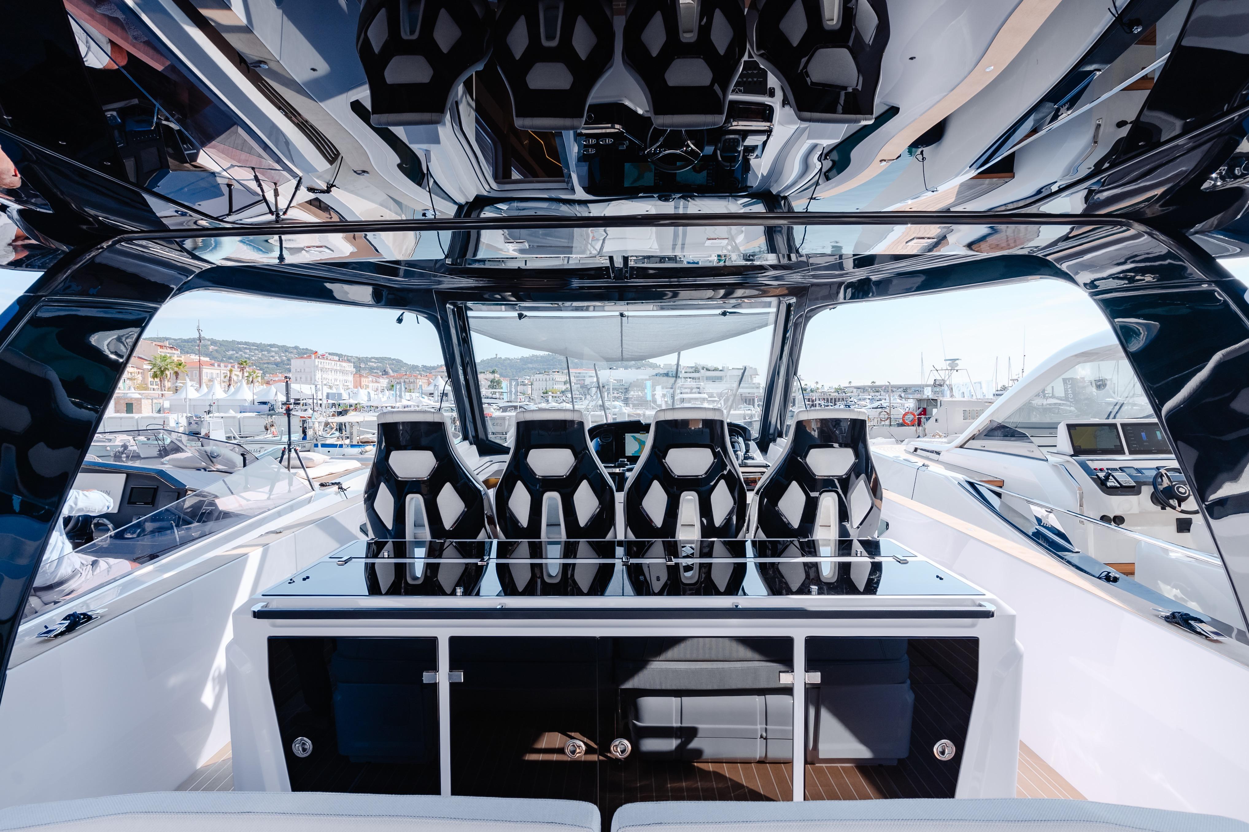 Interior of 2026 Level Yachts 43 ST, featuring sleek design and modern seating.