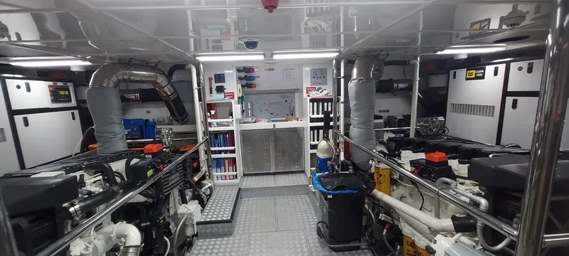  Yacht Photos Pics Engine room of 2010 Custom-Craft Steel Pax Navi 43 m yacht, featuring advanced machinery.