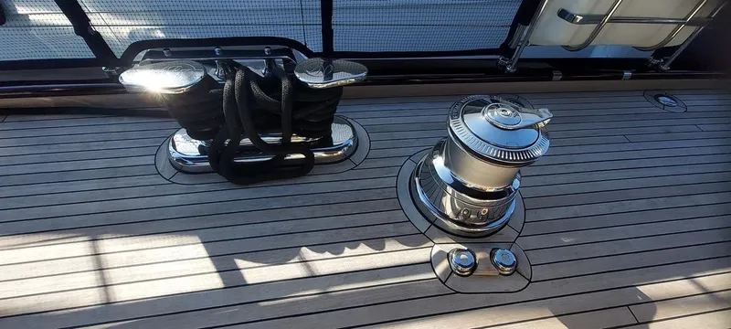  Yacht Photos Pics Deck of 2010 Custom-Craft Steel Pax Navi 43 m yacht with winch and cleat.