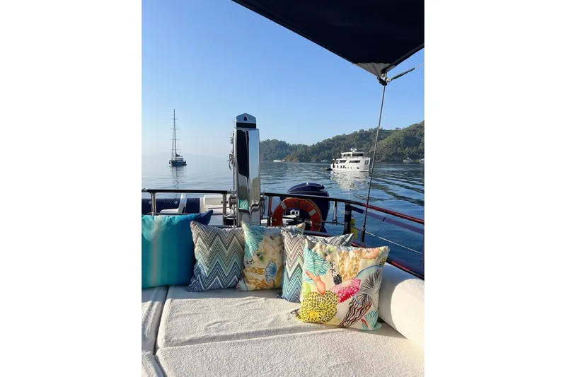  Yacht Photos Pics Luxurious Custom-Craft Steel Pax Navi yacht with colorful cushions, serene sea view, 2010 model.