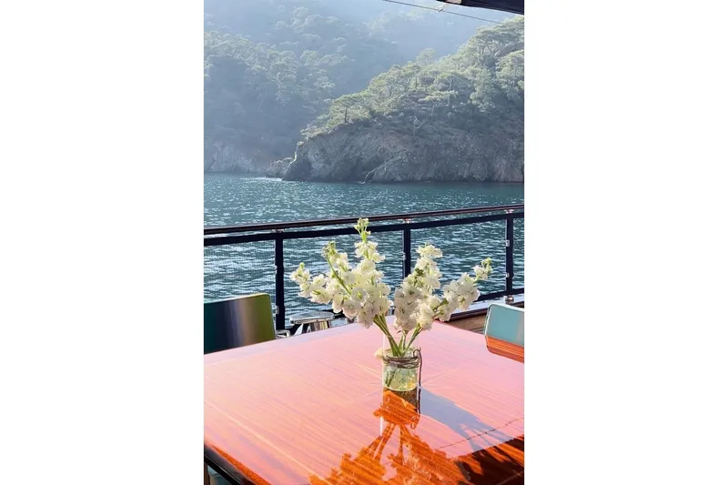  Yacht Photos Pics Elegant yacht table with flowers, overlooking serene waters and lush cliffs. Custom-Craft Steel Pax Navi 43 m, 2010.