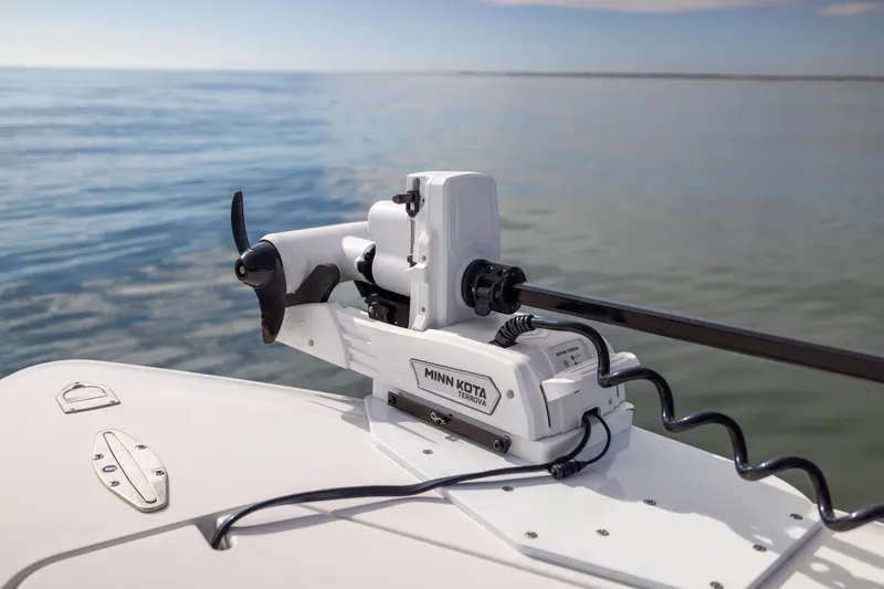  Yacht Photos Pics Minn Kota Terrova trolling motor on 2016 Contender 39 ST boat, calm sea background.