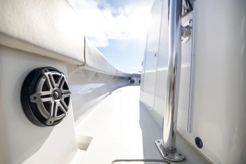  Yacht Photos Pics 2016 Contender 39 ST boat interior with speaker and chrome railing.