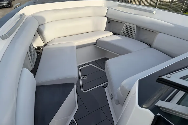  Yacht Photos Pics 2022 Aviara AV32 OB boat interior with sleek white seating and modern design.