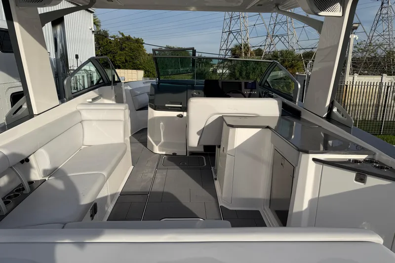  Yacht Photos Pics 2022 Aviara AV32 OB boat interior with sleek seating and modern design.