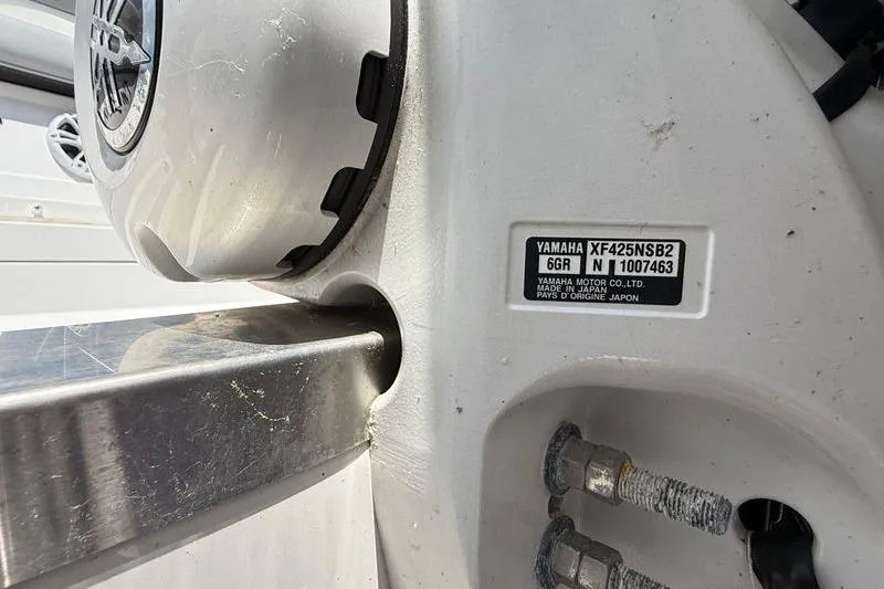  Yacht Photos Pics Close-up of Yamaha motor label on 2022 Regal 36 XO boat.