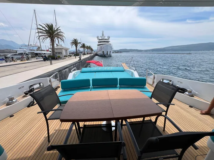  Yacht Photos Pics Luxury Azimut 86S yacht deck with seating, table, and ocean view, 2006 model.