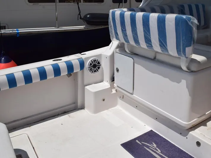  Yacht Photos Pics 2006 Tiara Yachts 3200 Open interior with striped seating and marine speaker.