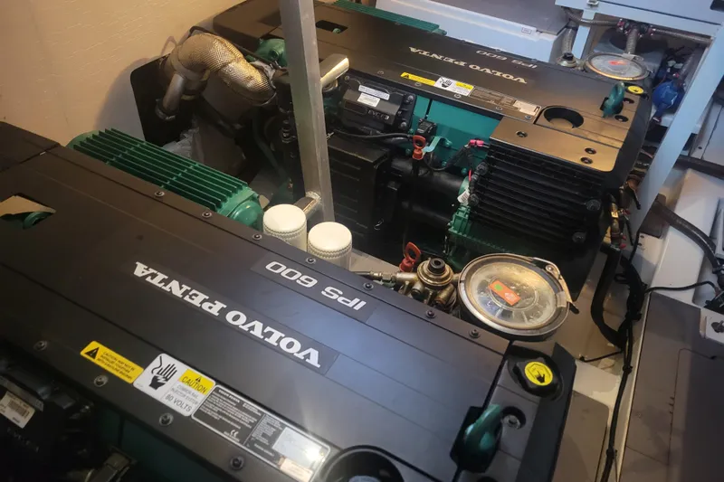 Elles II Yacht Photos Pics Engine room of a 2018 Prestige 520 yacht with Volvo Penta IPS 600 engines.