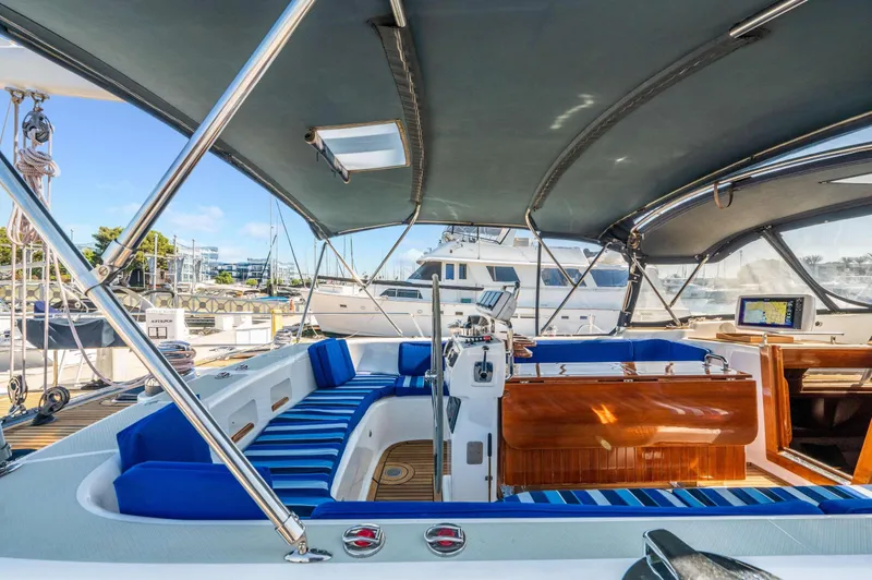 Perfect Symmetry Yacht Photos Pics Luxurious 2006 Hylas 70 yacht interior with blue seating and navigation equipment.