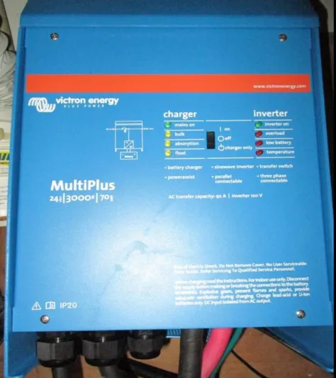  Yacht Photos Pics Victron Energy MultiPlus inverter charger, blue, model 24/3000/70, with various status indicators.